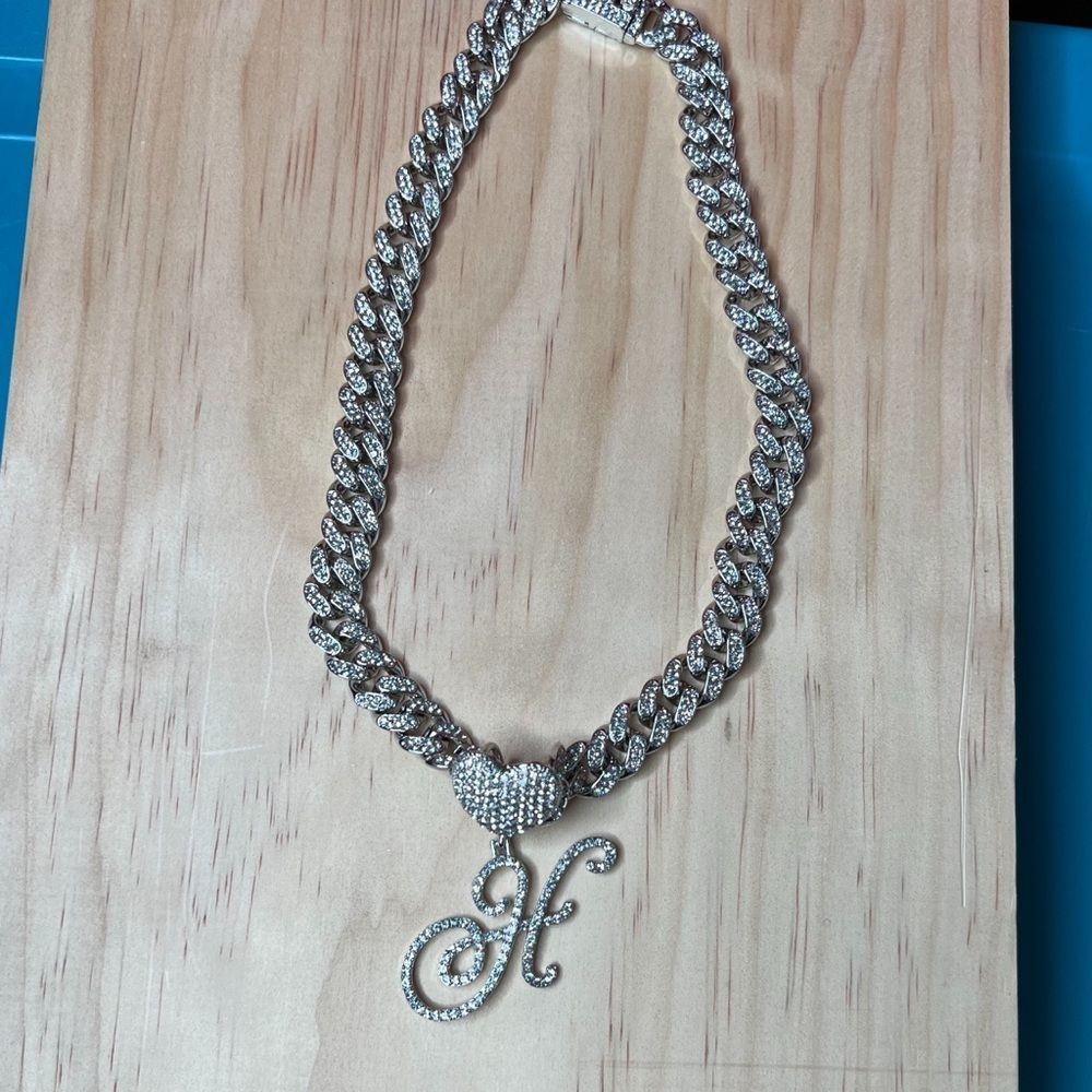 Rhinestone heart initial H pendant on Cuban chain necklace